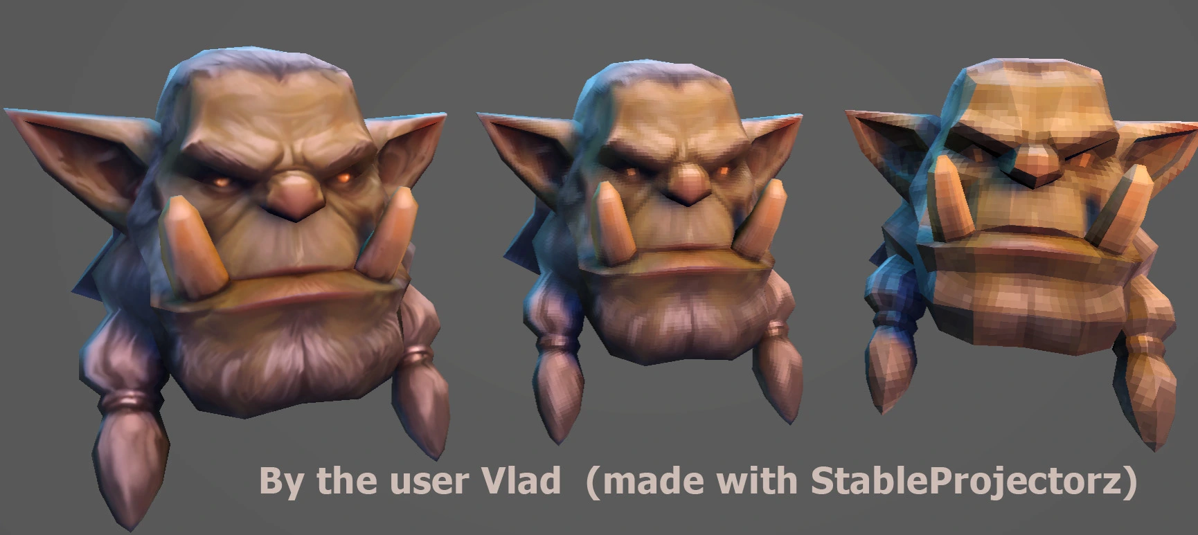 A head of an orc generated, textured and optimized using the free StableProjectorz app.