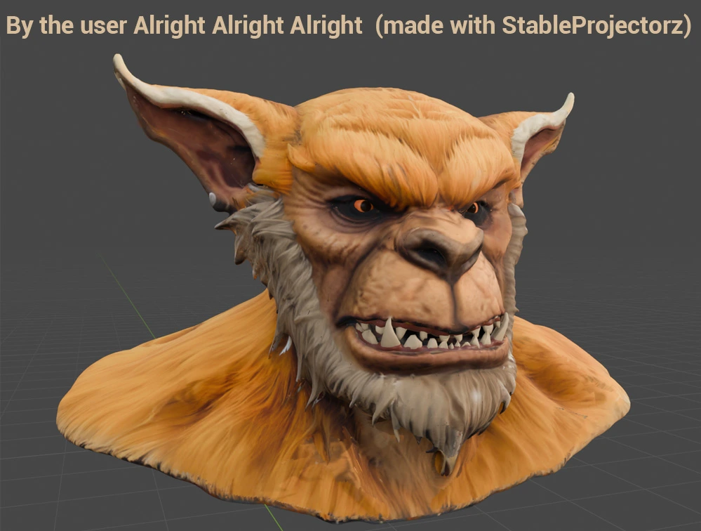 A 3d model of a hairy wolverine troll character generated in StableProjectorz AI program
