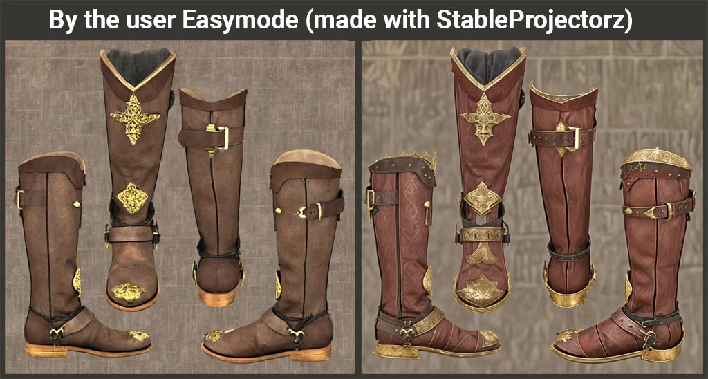 A set of 3d boots textured in a PBR style using the StableProjectorz program.