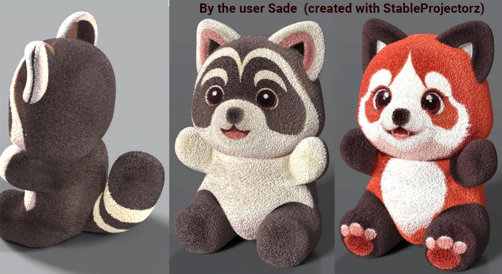 A plushy panda textured in several variations via StableDiffusion in the StableProjectorz program