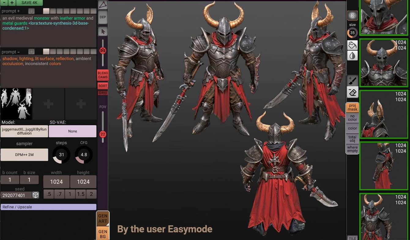 An evil knight lord character with weapons and plated armor textured inside StableProjectorz software using AI