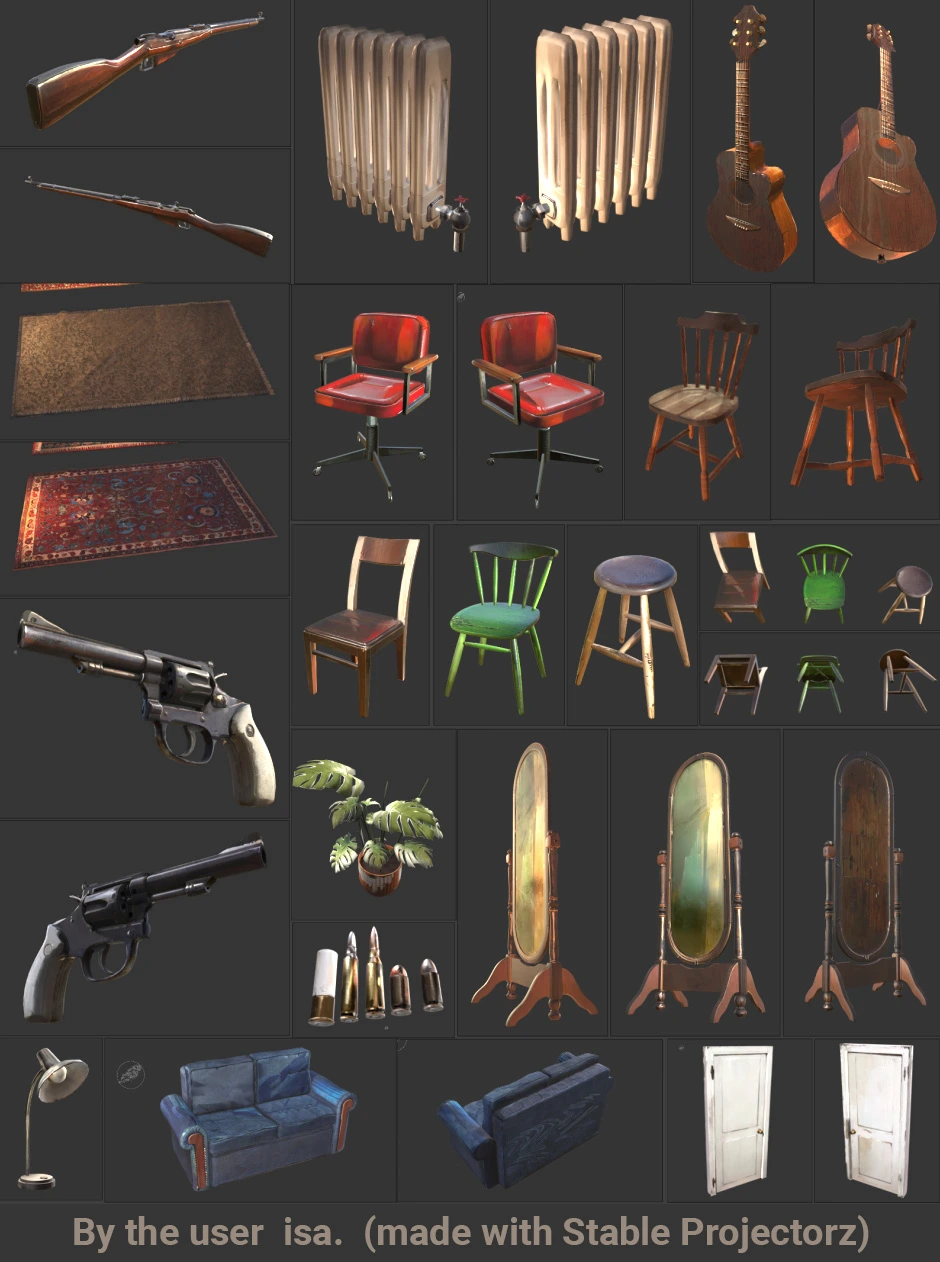 A collage of many game assets, props and decorations textured via the free StableProjectorz AI-texturing software
