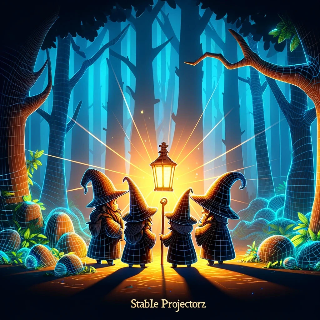 Four wizard friends standing around a glowing lantern of StableProjectorz. The scene represents friendship and mutual support of the StableProjectorz community.
